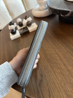 COACH Metallic Leather Stripe/Medallion Zip Around Wallet Charcoal Gray Silver