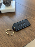 COACH Designer Hanging Bag Charm Fob Black Leather Tag & Gold Hardware Chain
