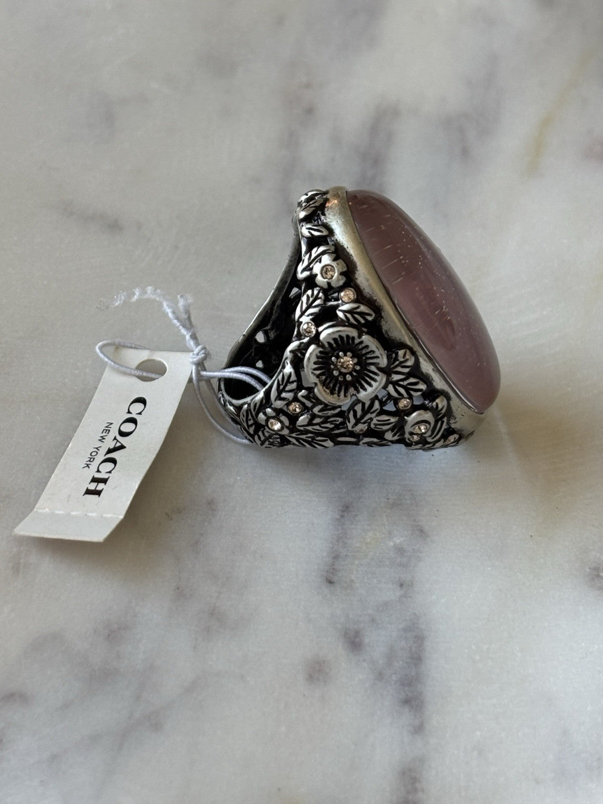 COACH Tea Rose Cabochon Swarovski Crystal Pink/Silver Statement Ring 7(org $145)