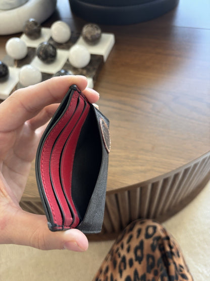 COACH ID Card Case Charcoal Red Signature Wallet Credit/Business Card Holder