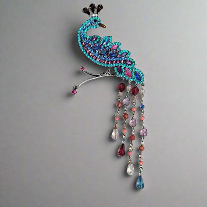NWT Vintage Avon SP 2004 Dazzling Rhinestone Peacock Brooch Pin w/ Beaded Tail