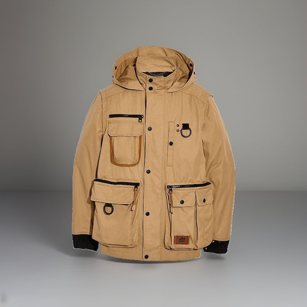 COACH Utility Jacket Khaki Tan Hooded Field Coat Leather Trim Pocket (org $695)