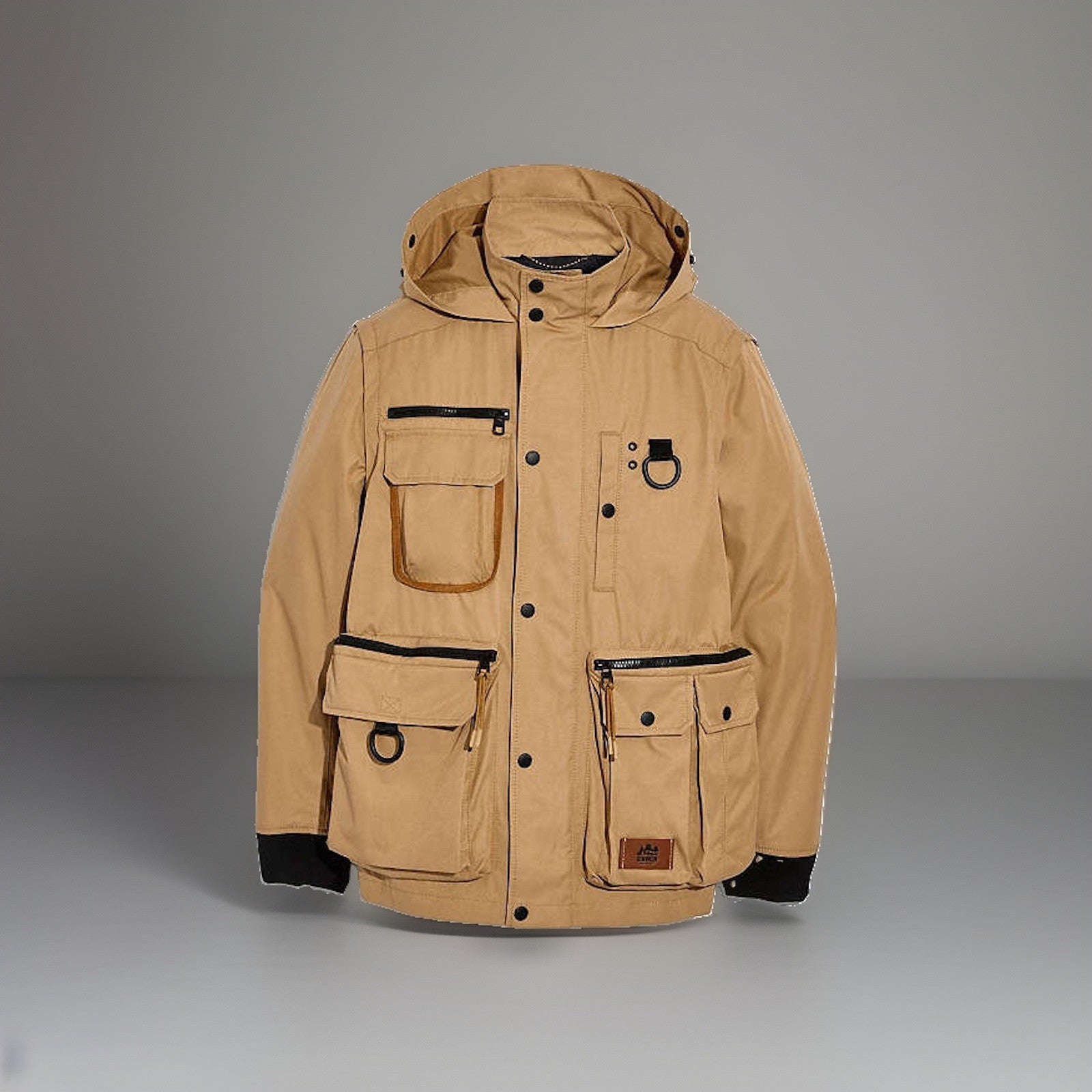 COACH Utility Jacket Khaki Tan Hooded Field Coat Leather Trim Pocket (org $695)