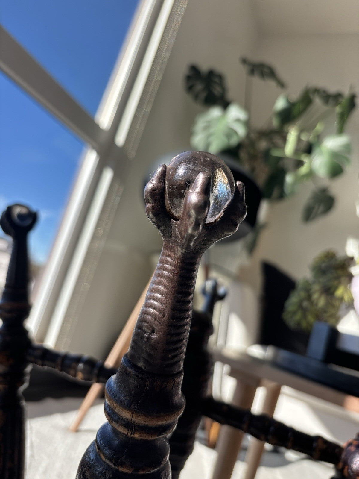 ANTIQUE 1879 Victorian Piano Stool Solid Dark Wood Swivel Glass Ball Claw Foot