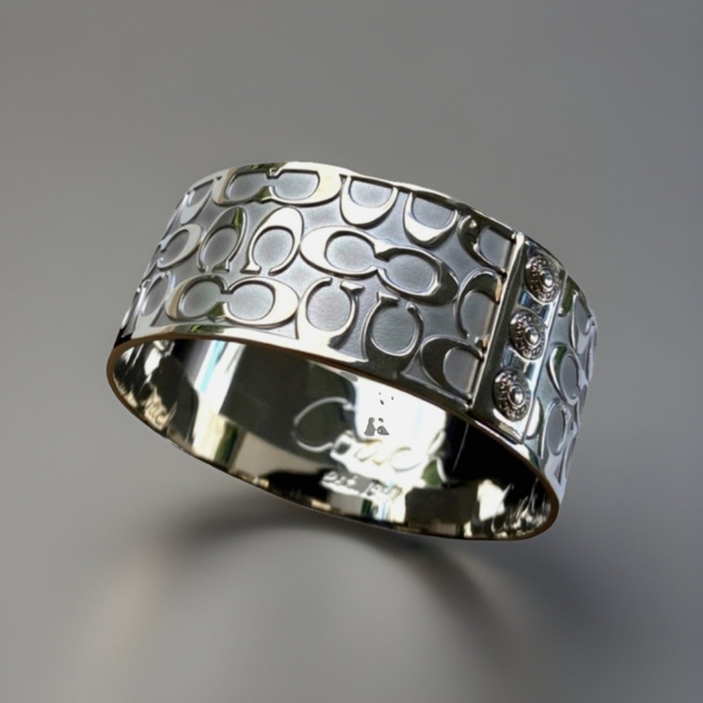 COACH Signature C Wide Bangle Bracelet Silver Plated Monogram Vintage 2000s