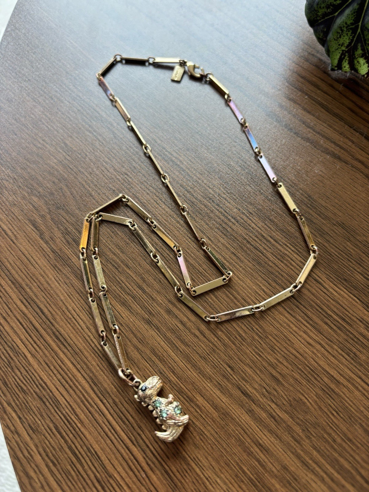 COACH Rare Rexy Dinosaur Pendant Necklace Gold Tone Crystal Bar Chain (org $150)