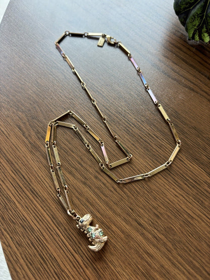 COACH Rare Rexy Dinosaur Pendant Necklace Gold Tone Crystal Bar Chain (org $150)