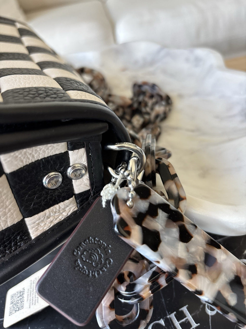 COACH Coachtopia Wavy Dinky Crossbody Bag Black/white Checkerboard Check Leather