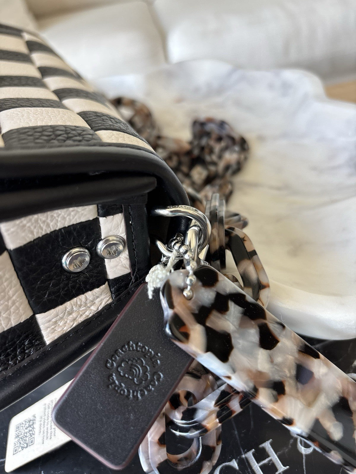 COACH Coachtopia Wavy Dinky Crossbody Bag Black/white Checkerboard Check Leather