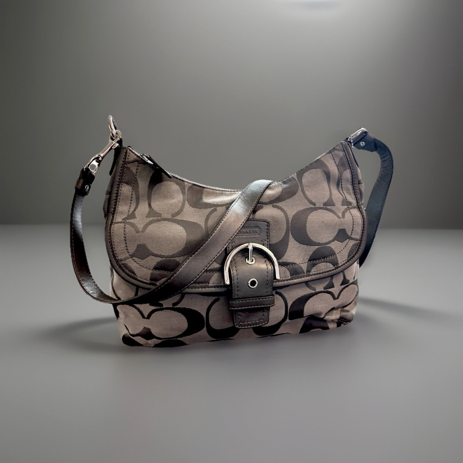 COACH Soho Hobo Shoulder/handbag Gray Metallic Leather/ Jaquard Canvas Signature