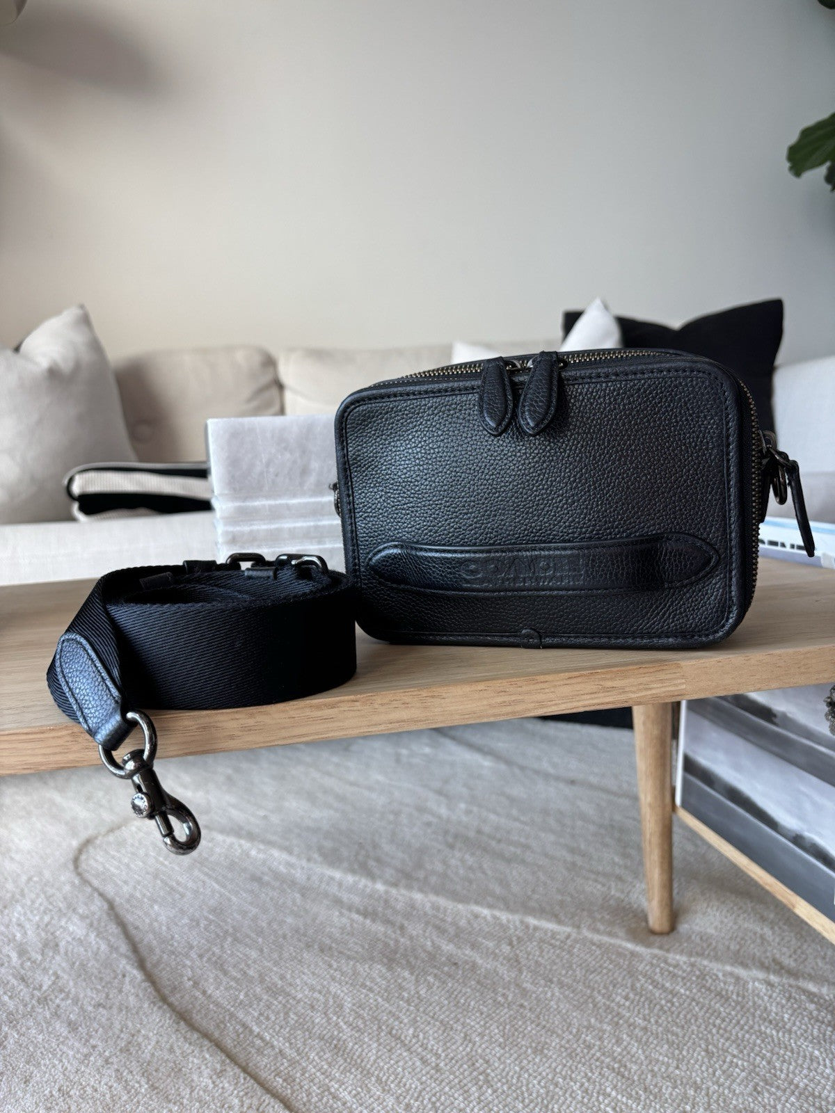 COACH Charter Crossbody Bag Black Polished Pebble Leather Gunmetal Double Zip