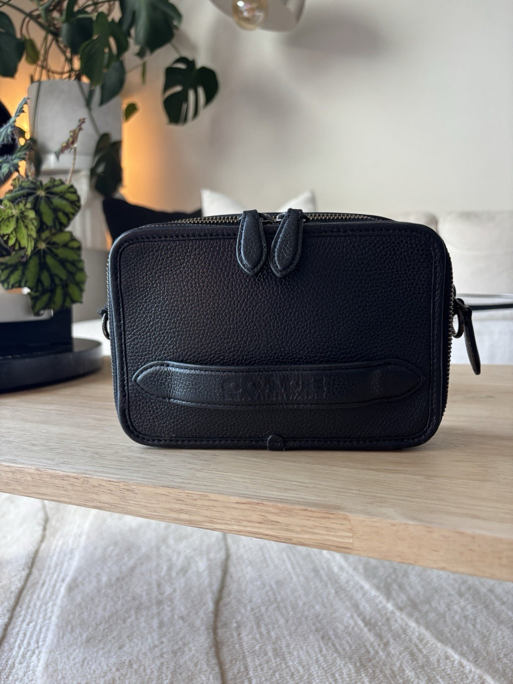 COACH Charter Crossbody Bag Black Polished Pebble Leather Gunmetal Double Zip