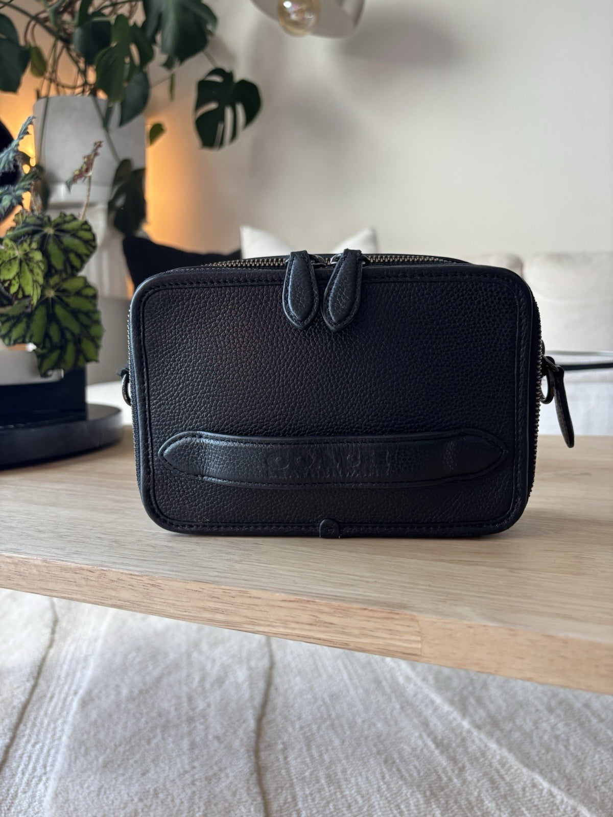 COACH Charter Crossbody Bag Black Polished Pebble Leather Gunmetal Double Zip