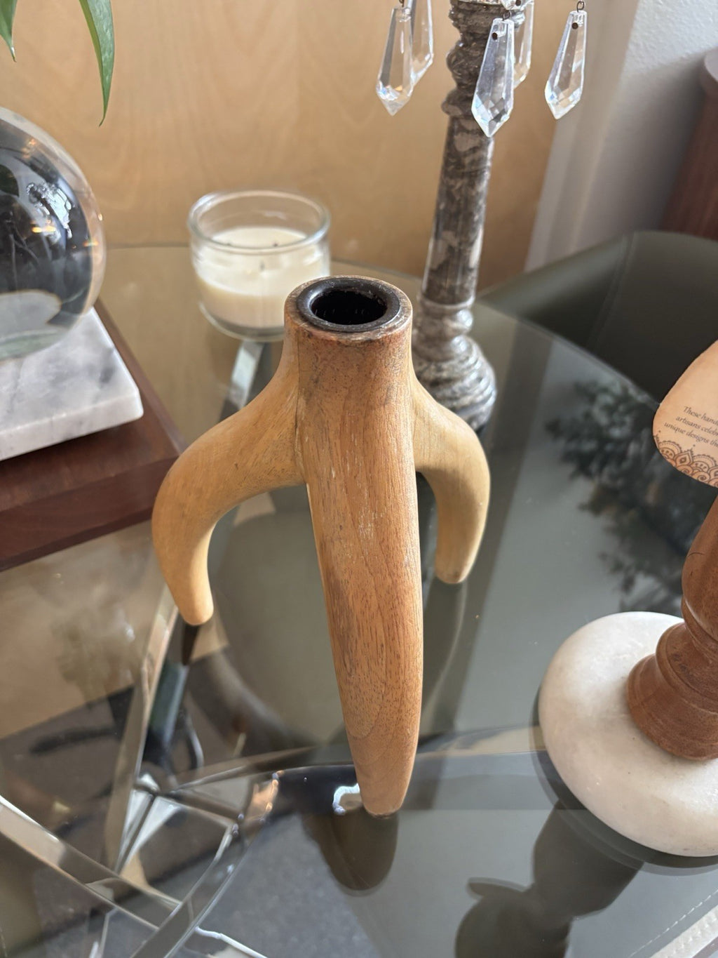 WEST ELM Carved Natural Light Wood Antler Candleholder Candle Stick 7.5” Tall