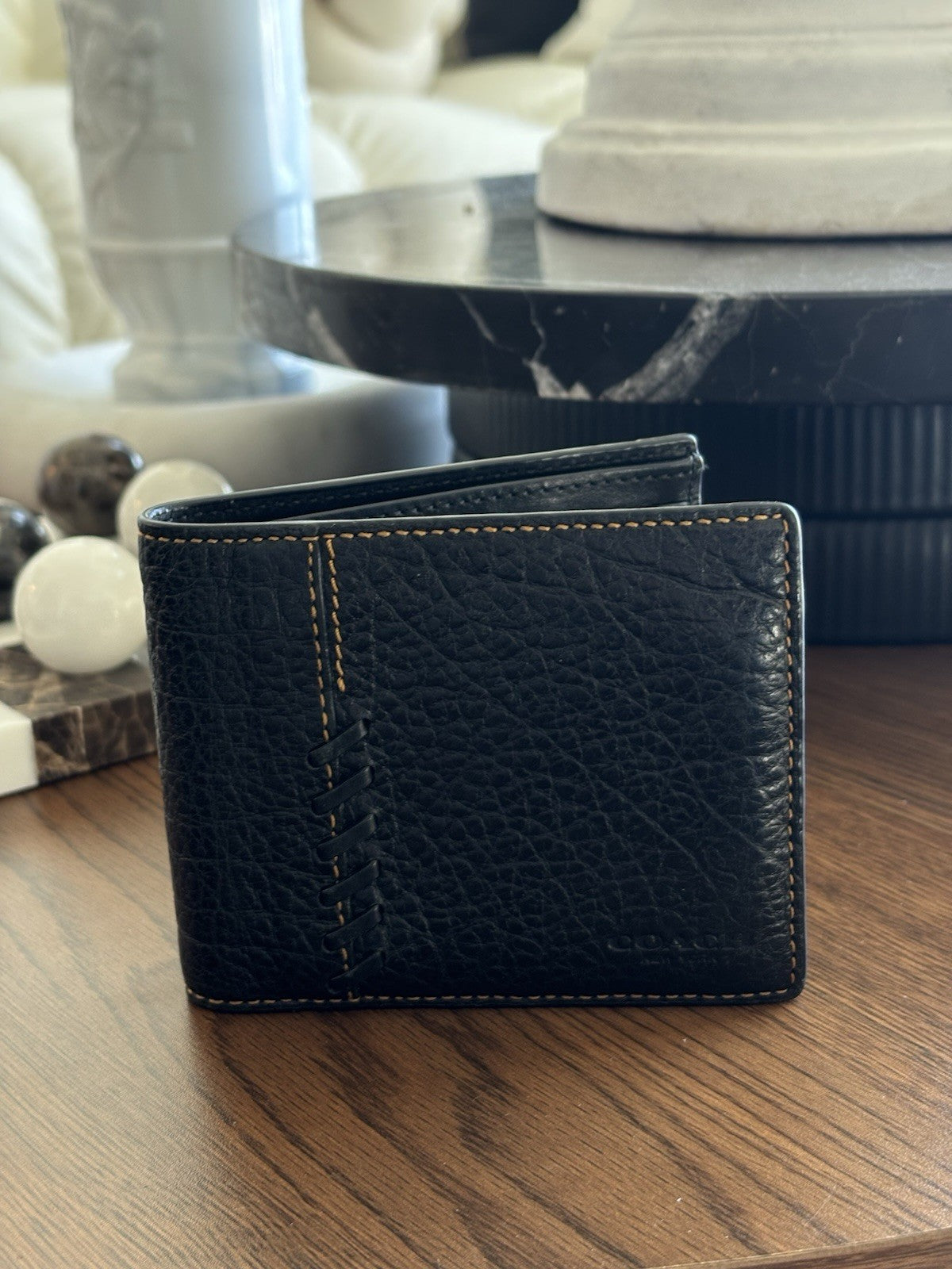 COACH Wallet Baseball 3 In 1 Whipstitch Black Calf Leather Billfold ID Window