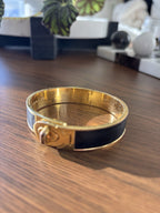 COACH 2006 Black Saffiano Leather Gold Turnlock Bangle Bracelet Hinged Vintage