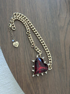 BETSEY JOHNSON Red Heart Necklace Spiked Pendant Statement Gold Chain (org $145)