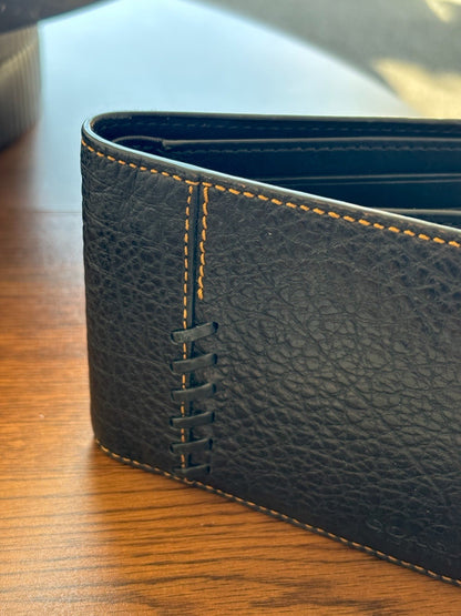 COACH Wallet Baseball 3 In 1 Whipstitch Black Calf Leather Billfold ID Window