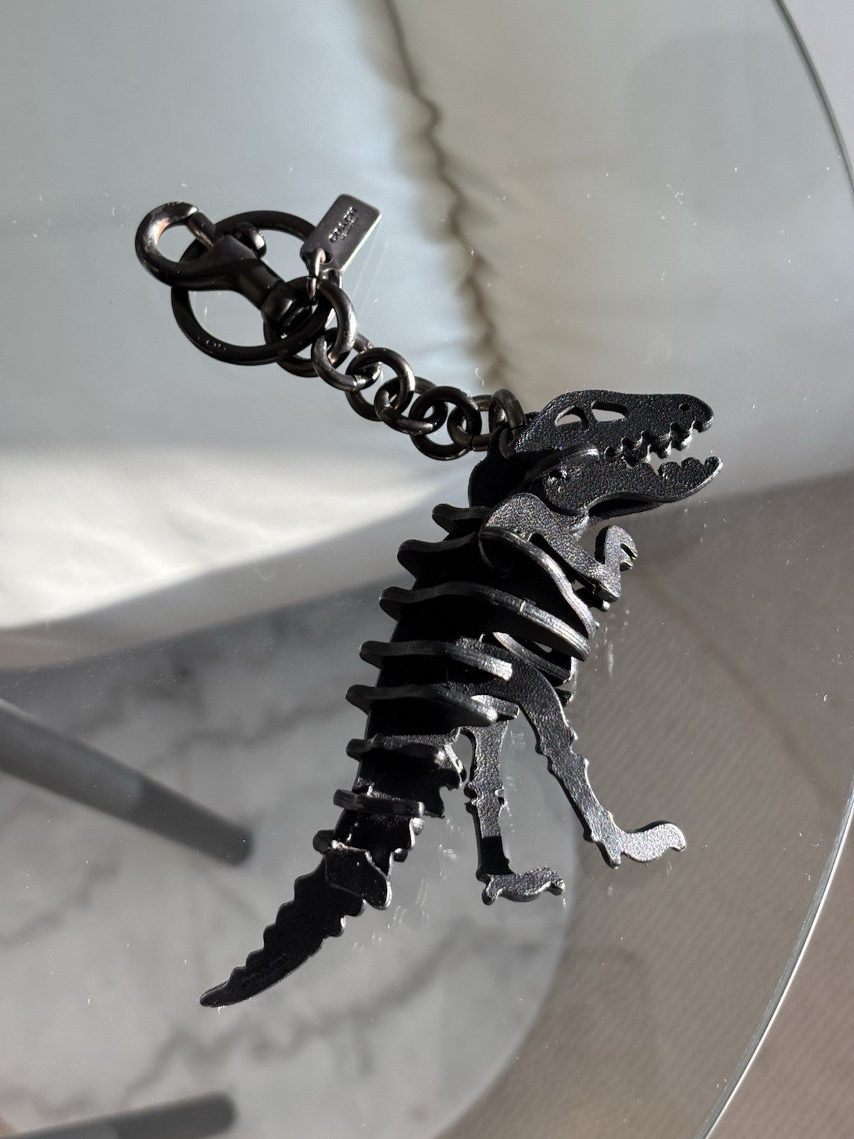 Designer COACH Black Rexy Bag Charm Keychain Fob Dinosaur Leather Skeleton