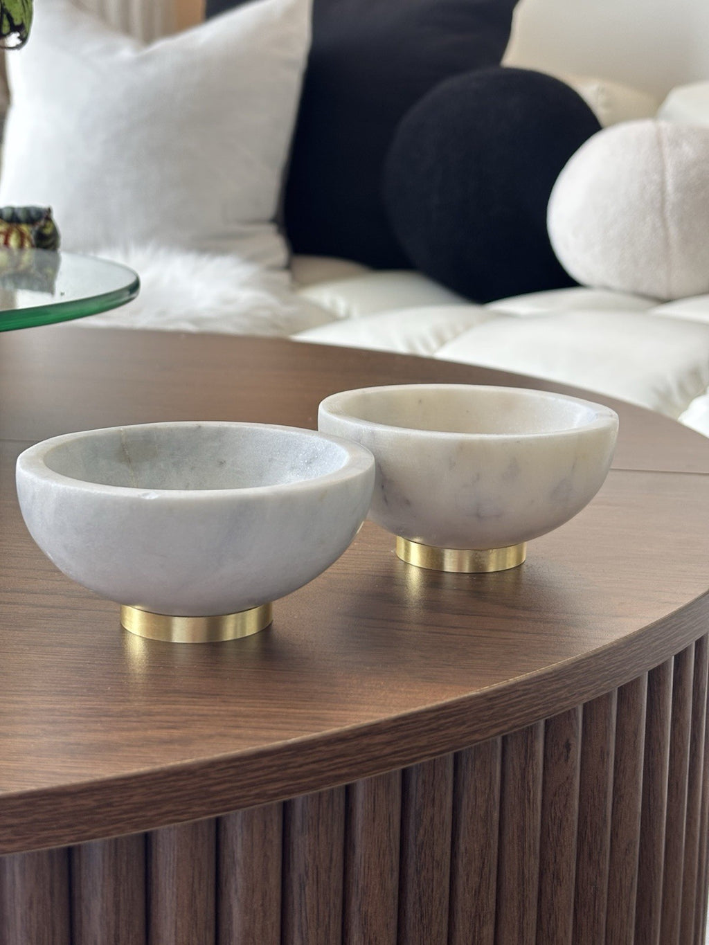 MARBLE Stone Set of 2 Carved Pinch Bowl For Herbs Or Spices 4" White / Gold Trim