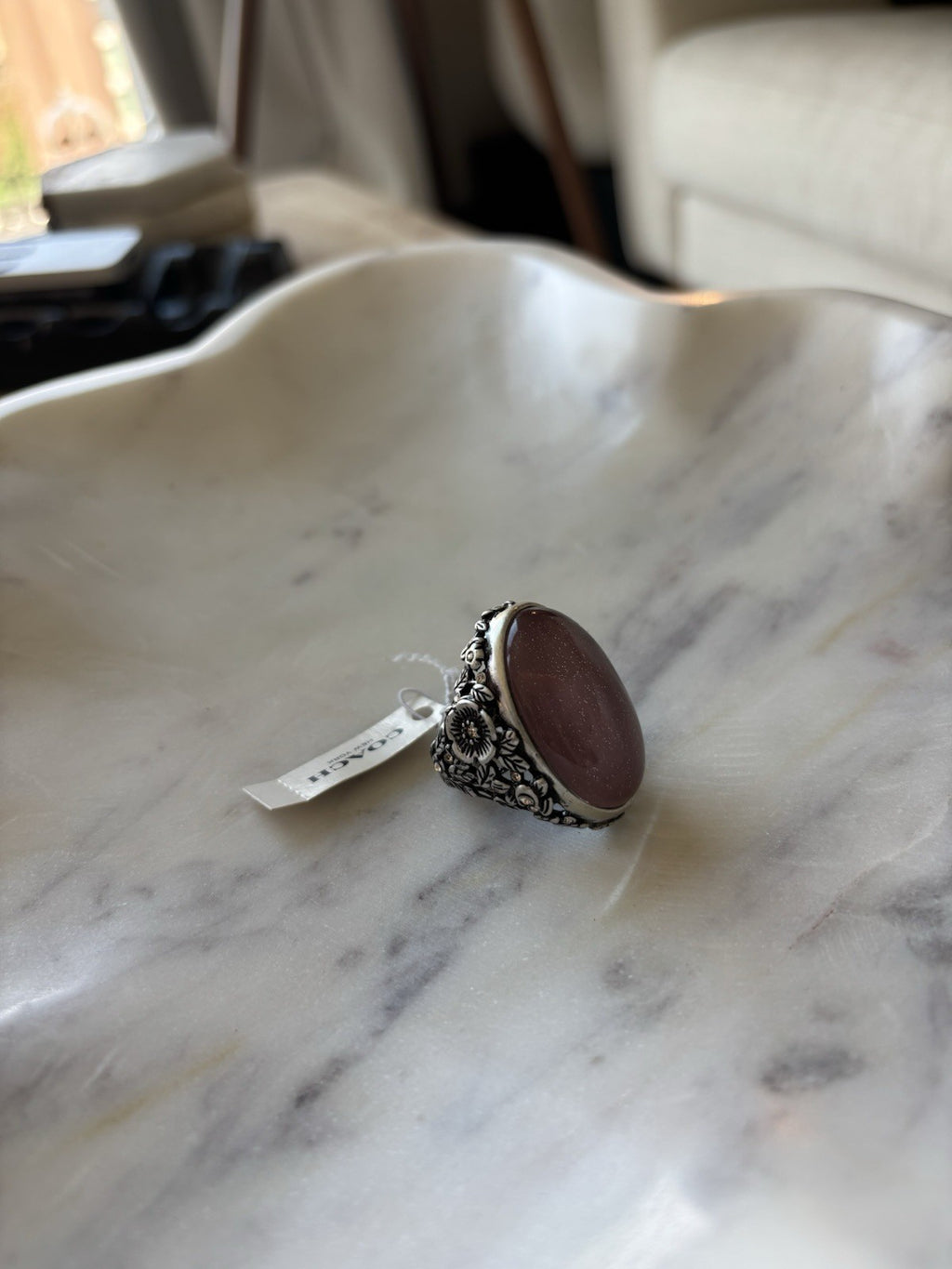 COACH Tea Rose Cabochon Swarovski Crystal Pink/Silver Statement Ring 7(org $145)