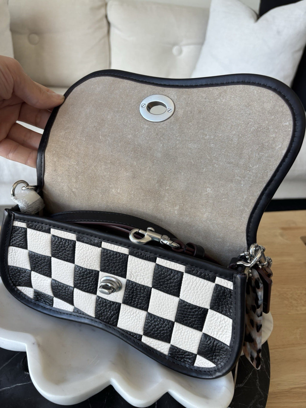 COACH Coachtopia Wavy Dinky Crossbody Bag Black/white Checkerboard Check Leather