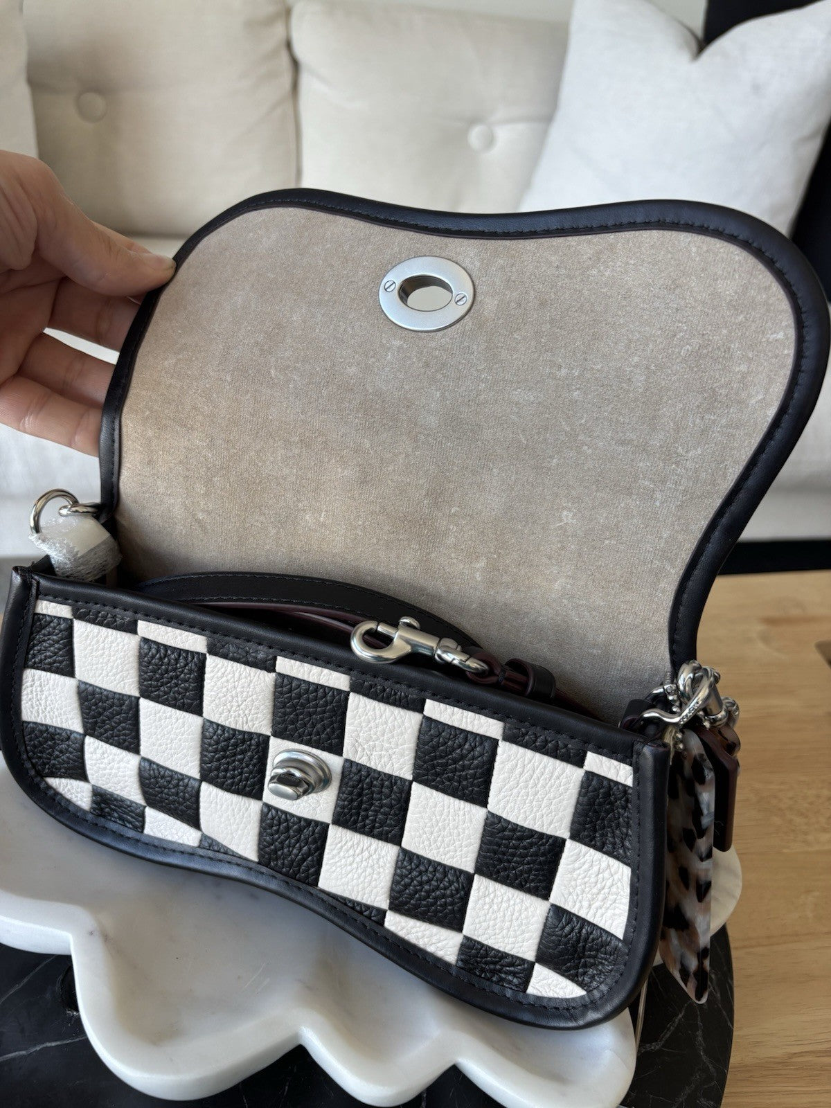 COACH Coachtopia Wavy Dinky Crossbody Bag Black/white Checkerboard Check Leather
