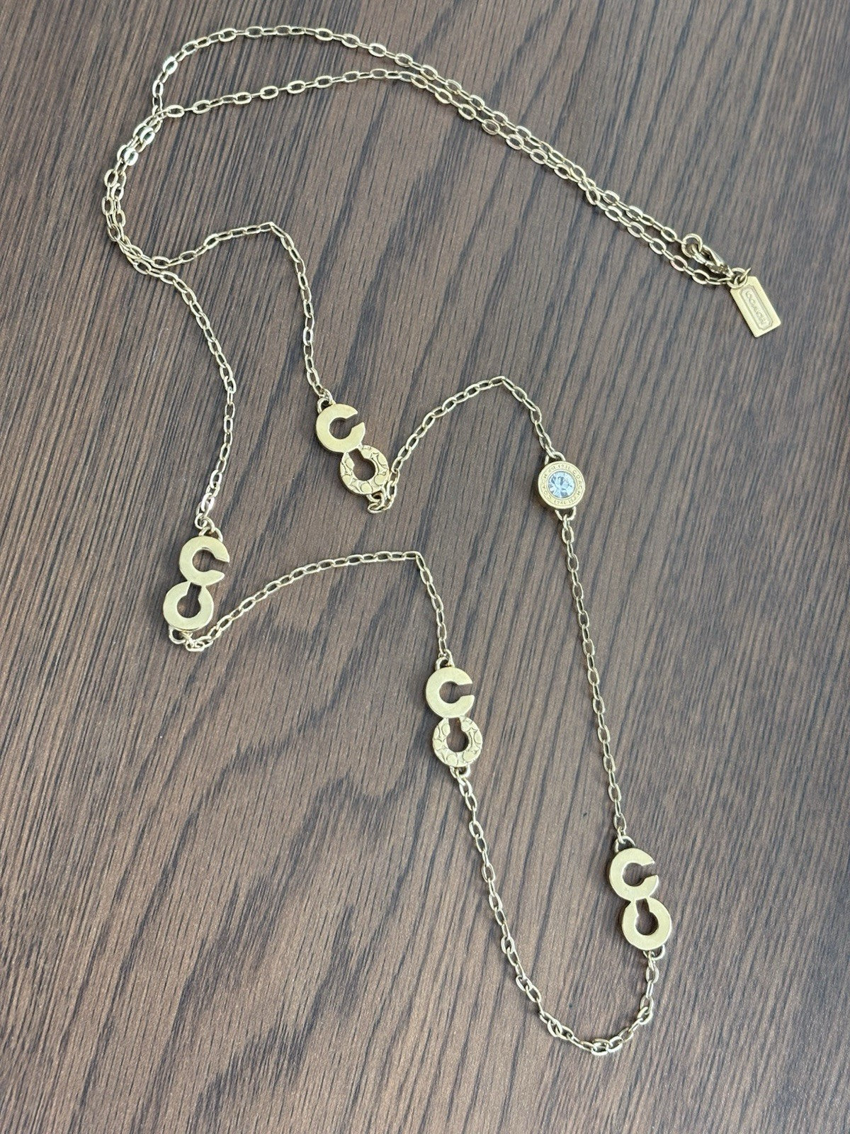 Great COACH Vintage Signature C Gold Plated Crystal Mix Chain Logo Long Necklace