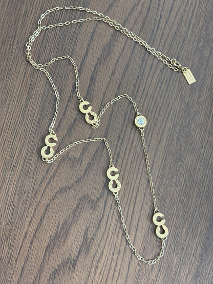 Great COACH Vintage Signature C Gold Plated Crystal Mix Chain Logo Long Necklace