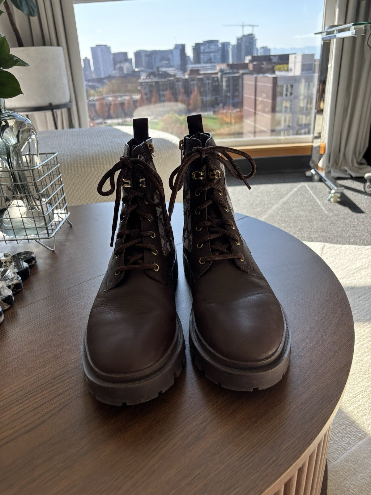 COACH Citysole Boots Men Sz 10.5 Brown Combat Leather Signature Logo (org $350)