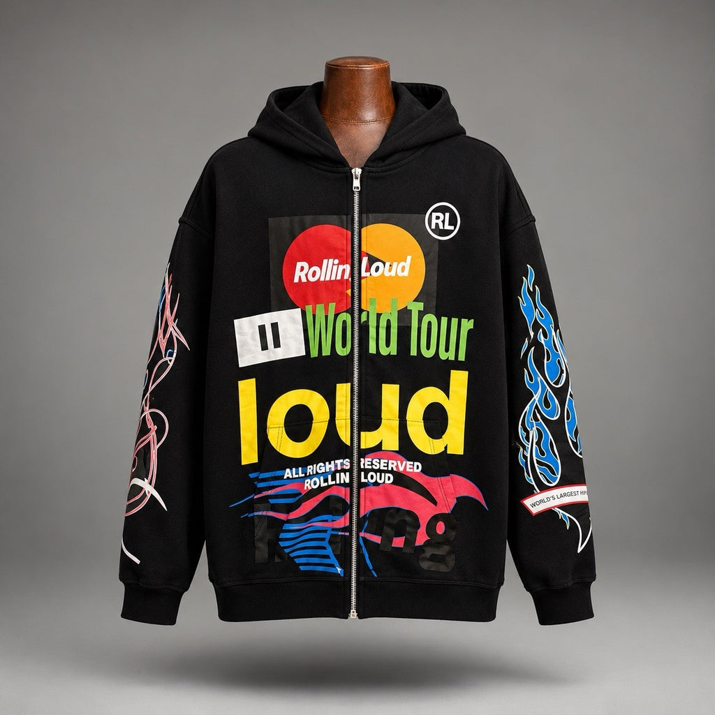 ROLLING LOUD MIAMI 2024 X MASTERCARD Black Graphic Logo Racing Zip Hoodie Size L