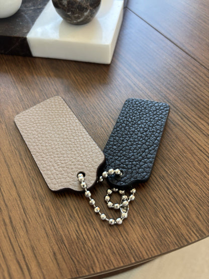 COACH Designer Leather 2 Hanging Bag Charm Fob Black/ Tan Tag Silver Bead Chain