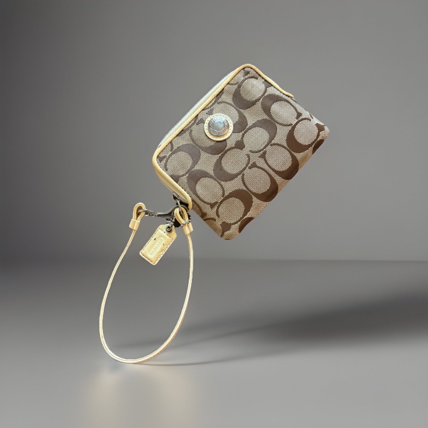 Vintage COACH Signature C Print & Leather Trim Zip Top Wristlet w/ Card Slots