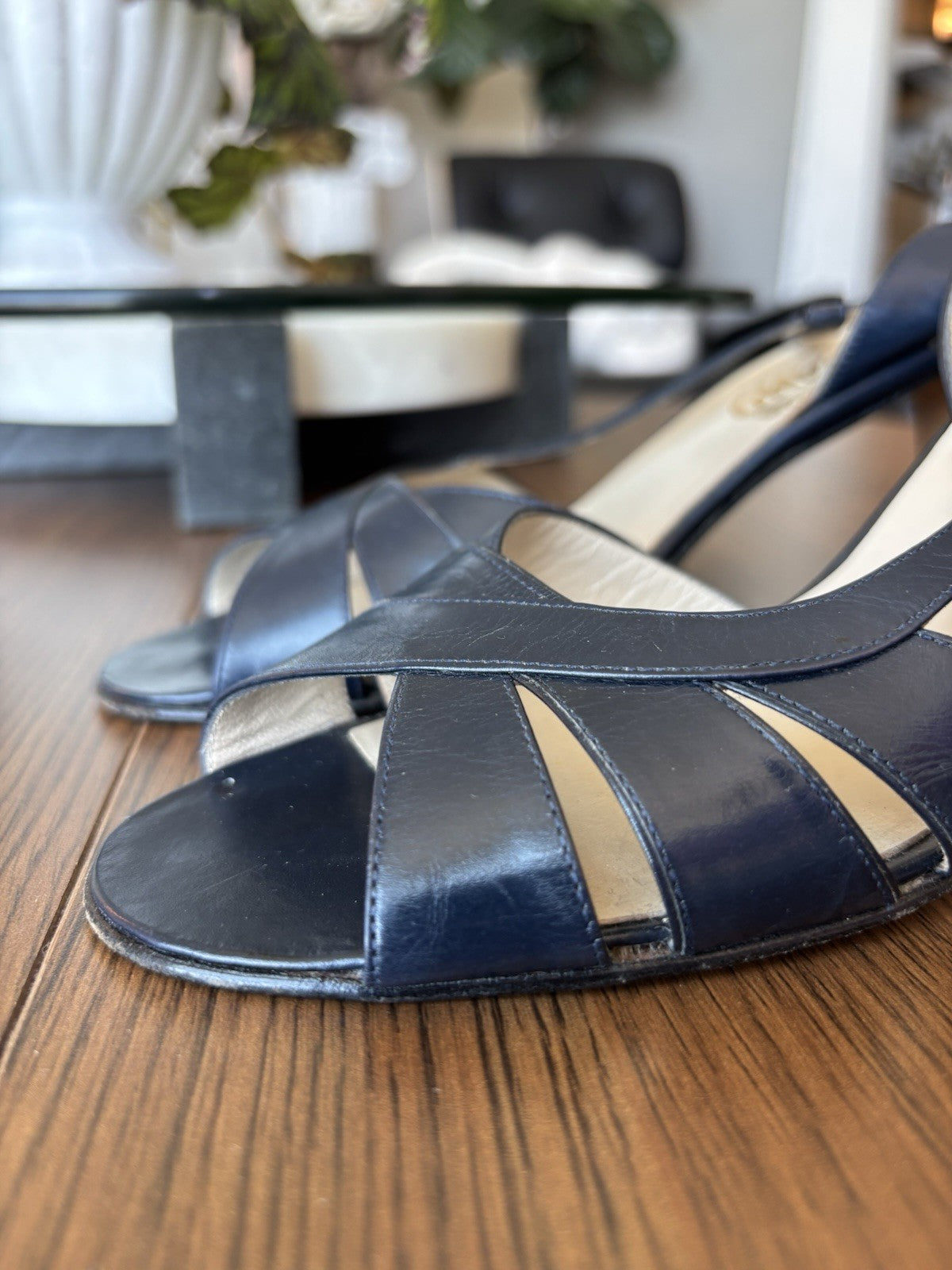 SALVATORE FERRAGAMO Vintage Italy Navy Blue Leather Pumps Heels Shoes USA 7.5 AA