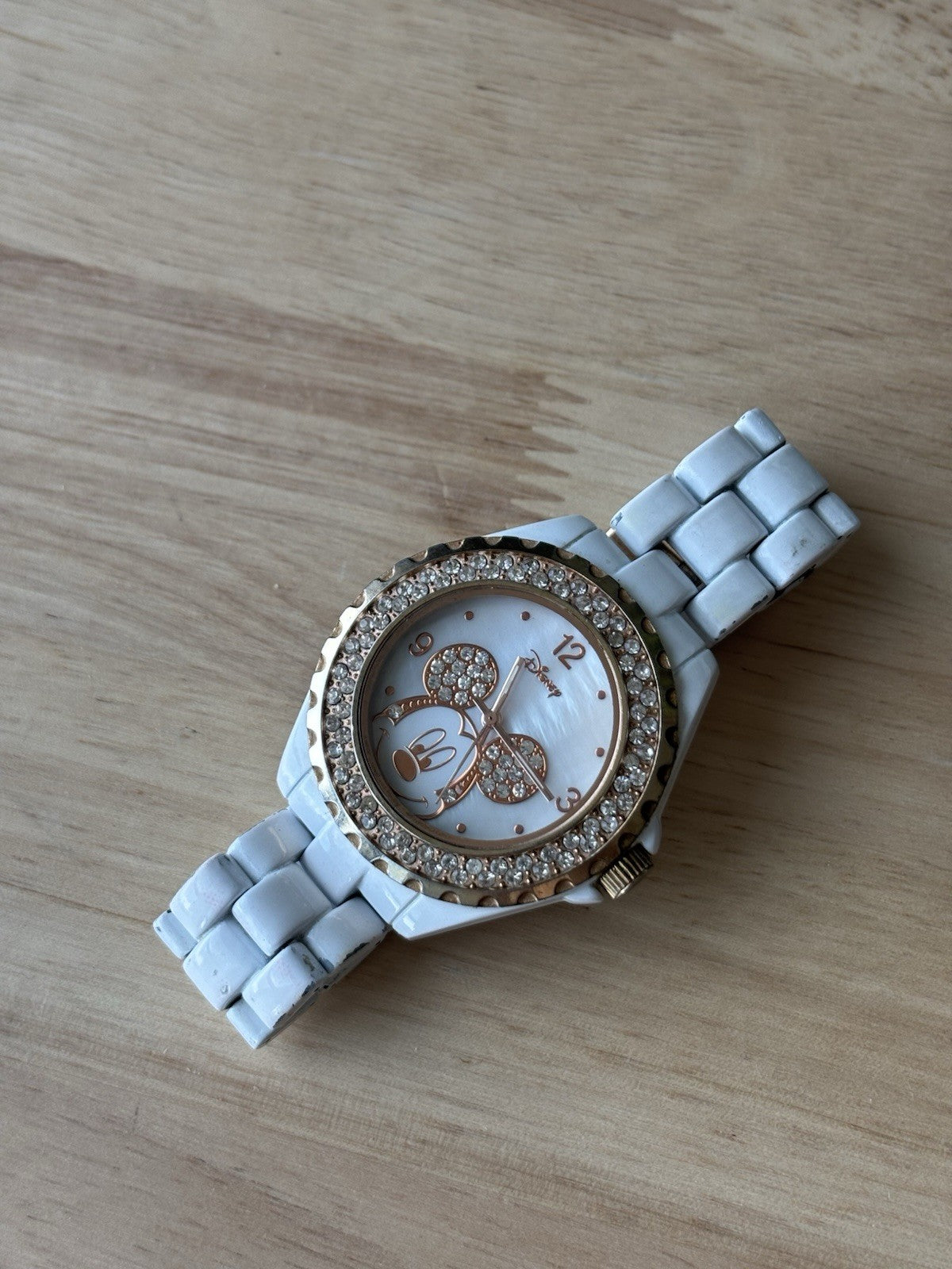 DISNEY Mickey Mouse Rose Gold Crystal White Link Watch Full Length Needs Battery