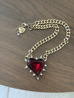 BETSEY JOHNSON Red Heart Necklace Spiked Pendant Statement Gold Chain (org $145)