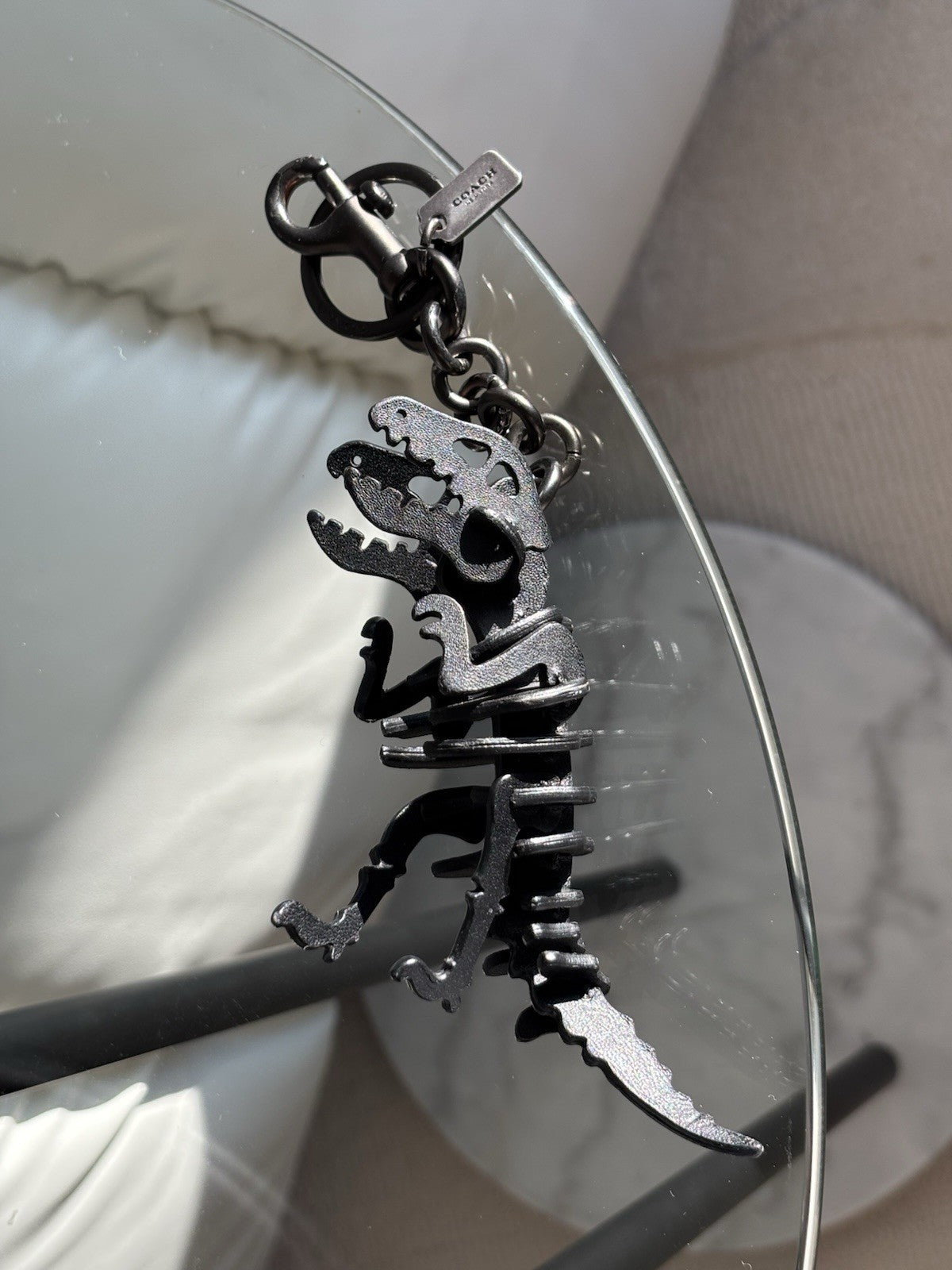 Designer COACH Black Rexy Bag Charm Keychain Fob Dinosaur Leather Skeleton