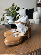 COACH Designer Tea Rose Honey Brown Leather Block Heel Pump Size 6 (org $195)