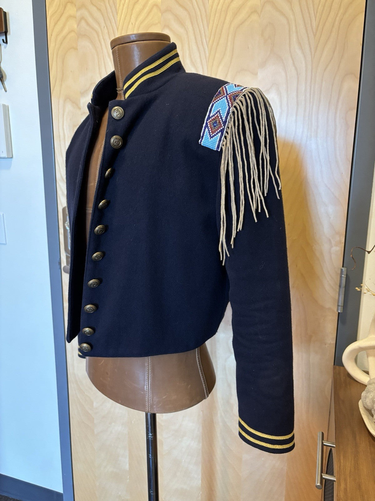 Double D Ranch VINTAGE Wool Jacket Military Beaded NavyBlue Varsity Stripe Small