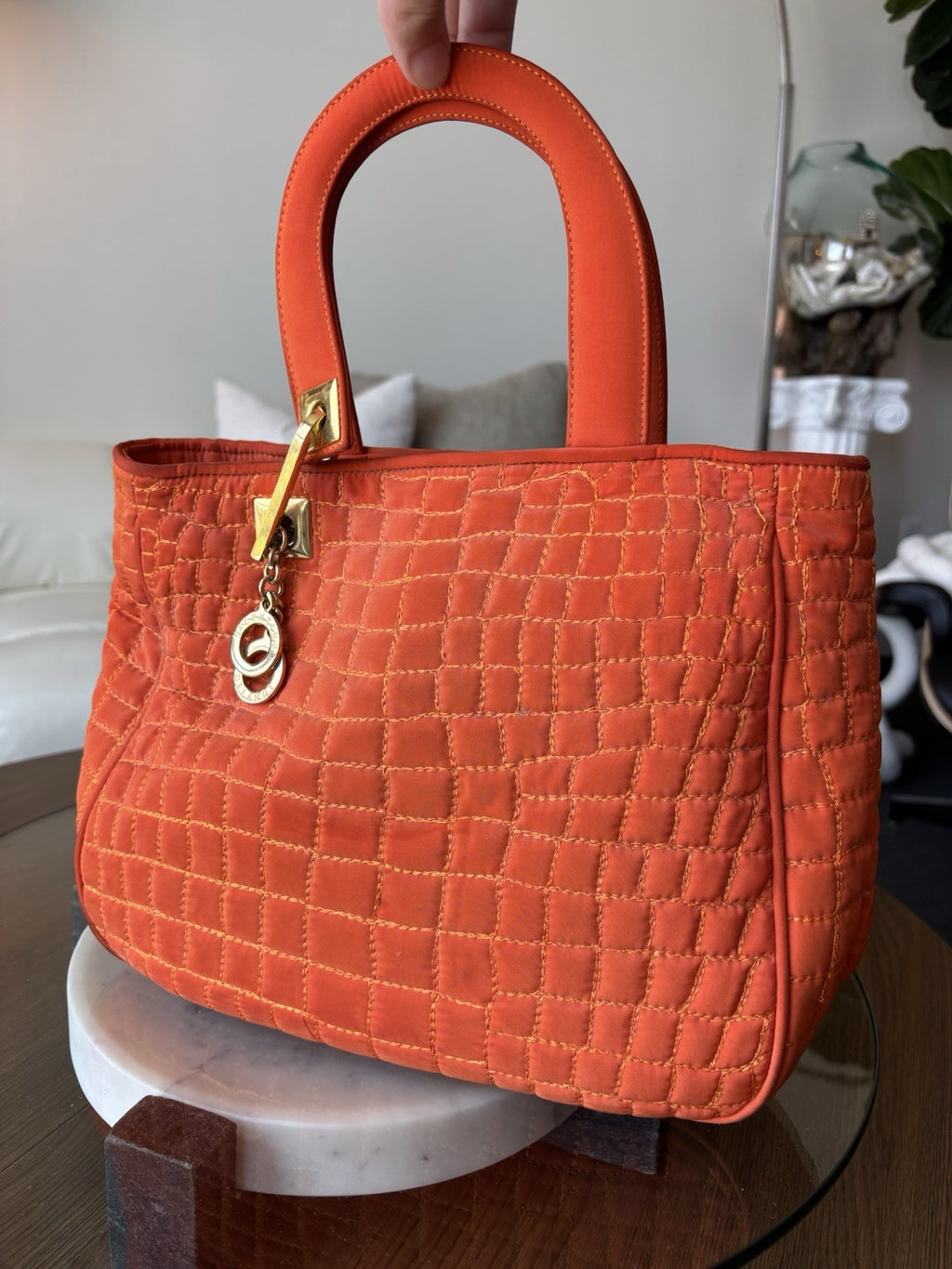VALENTINO “Orlandi” Orange Quilted Nylon Handbag Gold Charm Italy (org $595.00)