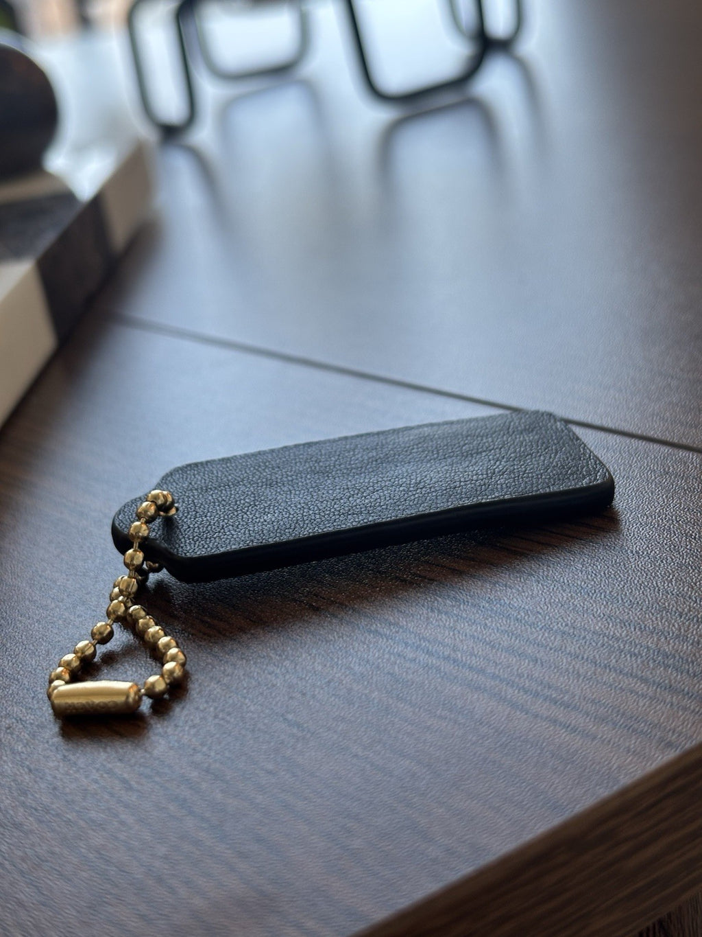COACH Designer Hanging Bag Charm Fob Black Leather Tag & Gold Hardware Chain