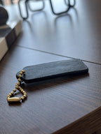 COACH Designer Hanging Bag Charm Fob Black Leather Tag & Gold Hardware Chain