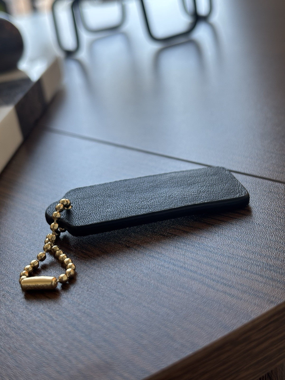 COACH Designer Hanging Bag Charm Fob Black Leather Tag & Gold Hardware Chain