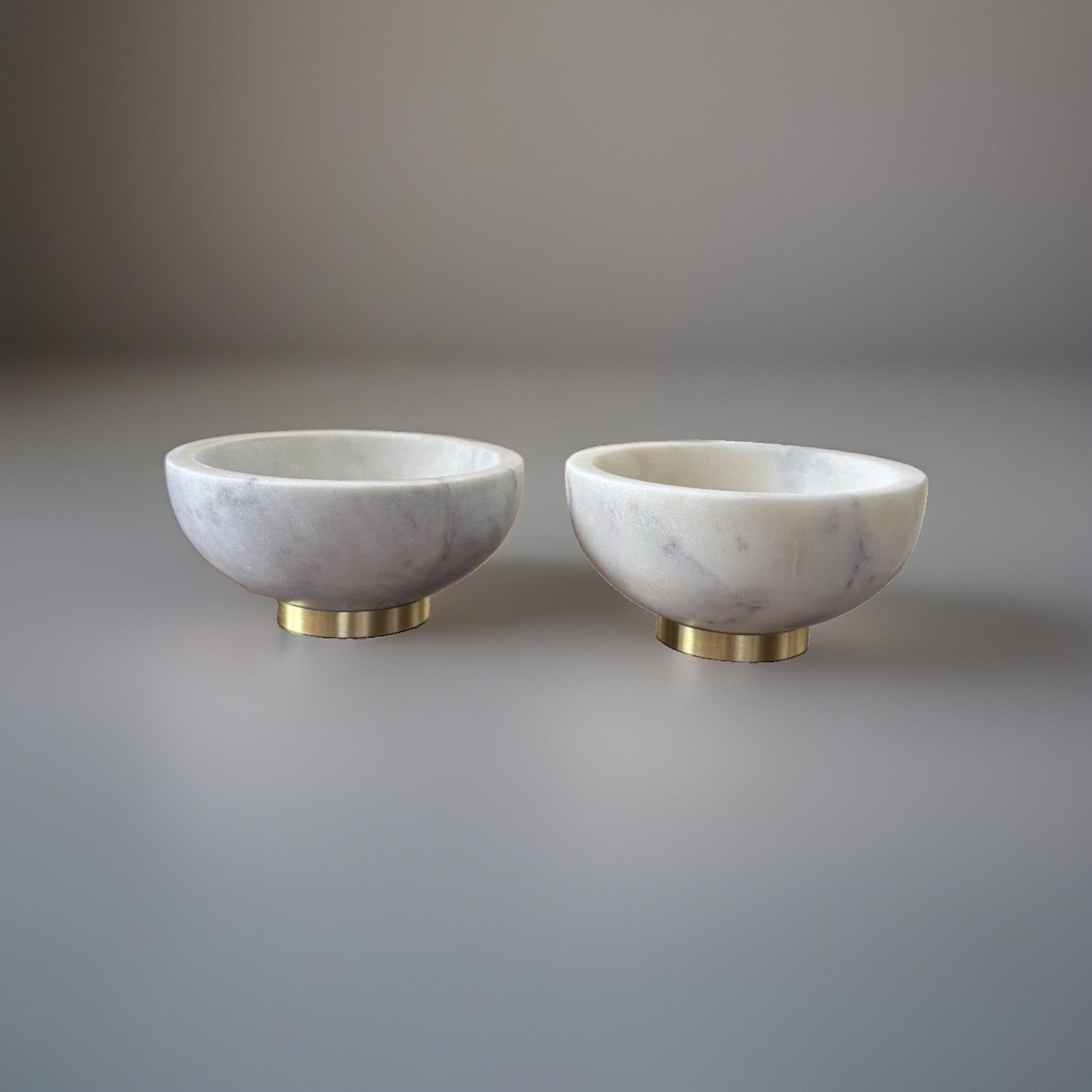 MARBLE Stone Set of 2 Carved Pinch Bowl For Herbs Or Spices 4" White / Gold Trim