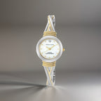 Real Diamond Mother Pearl Silver Gold Bangle Anne Klein Women Quartz 6.8” Watch