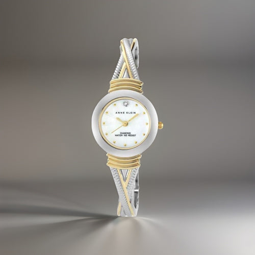 Real Diamond Mother Pearl Silver Gold Bangle Anne Klein Women Quartz 6.8” Watch