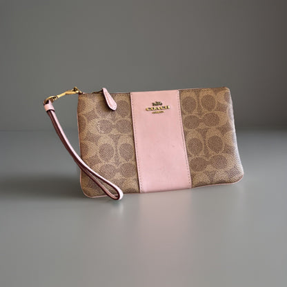 Designer COACH Zip Wristlet Signature Khaki/Tan Canvas Blush Pink Leather Stripe
