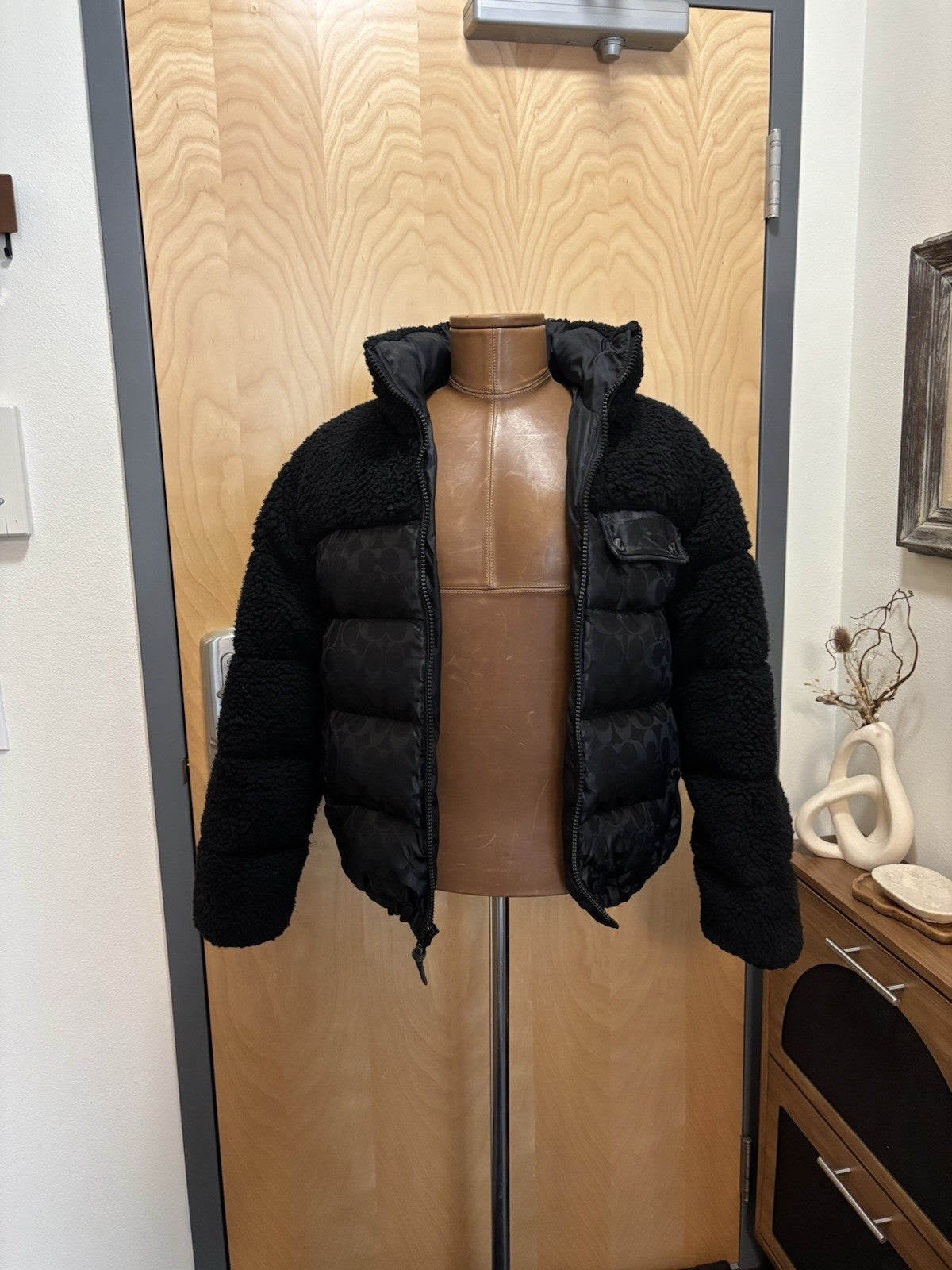 New COACH Runway Sherpa Puffer Coat Jacket Zip Signature Print Blk Size M ($895)