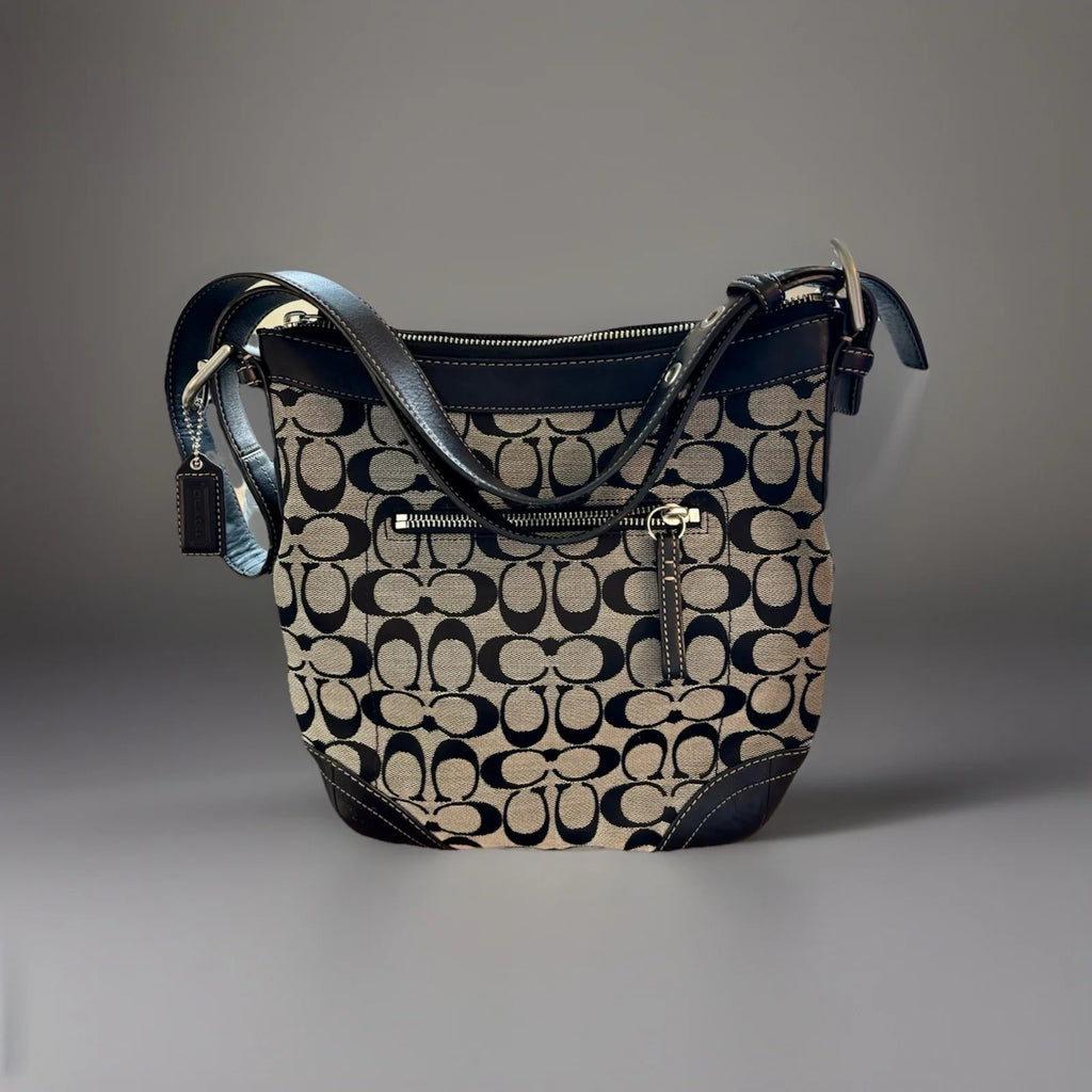 COACH Vintage Bucket Bag Handbag Black Leather Canvas Adjusting Strap (org $350)