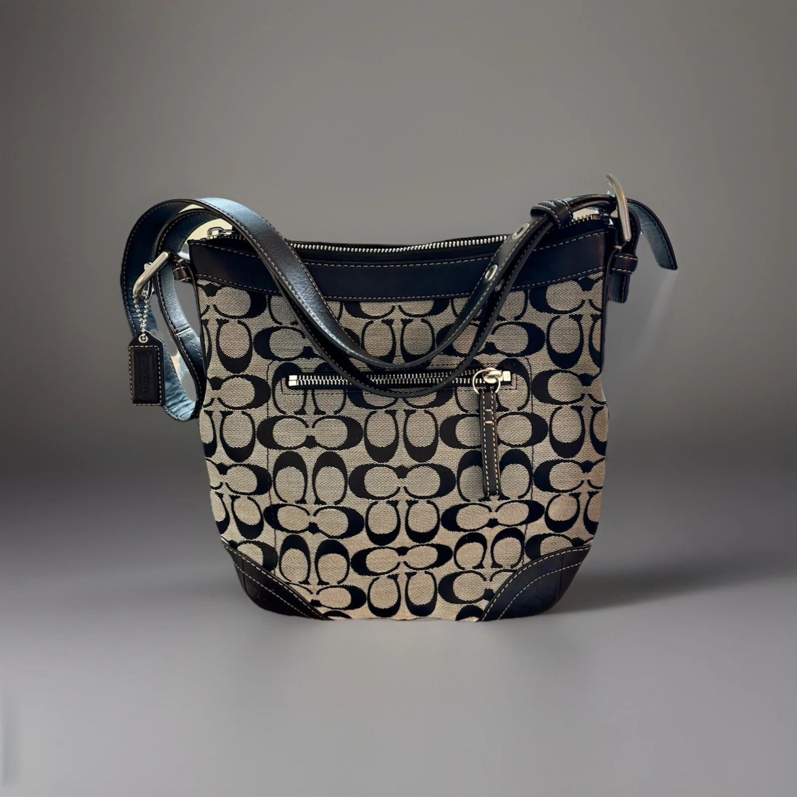 COACH Vintage Bucket Bag Handbag Black Leather Canvas Adjusting Strap (org $350)